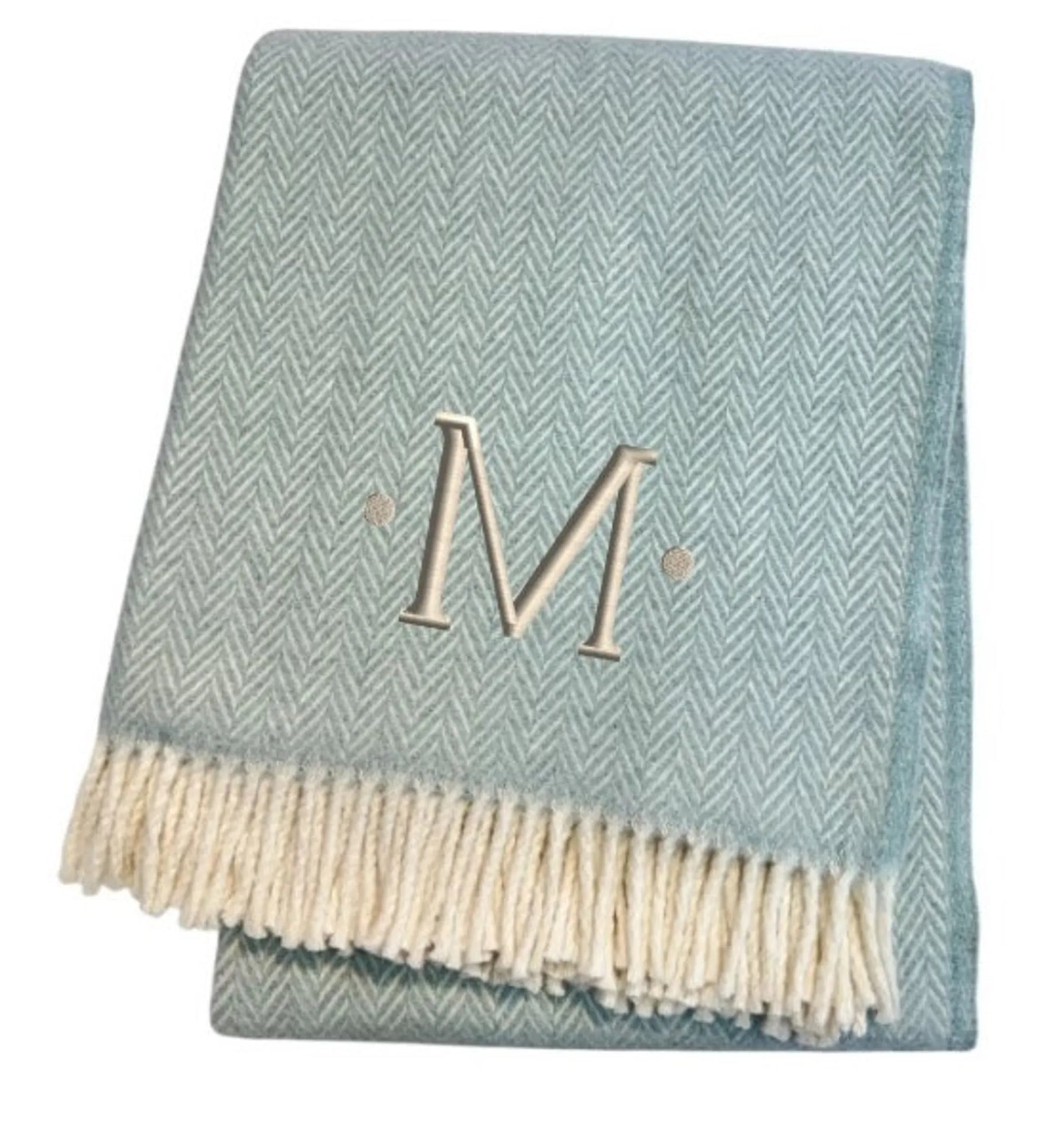 Herringbone Cotton Blend M Initial Throw Blanket with Tassels And Embroidery — view 4
