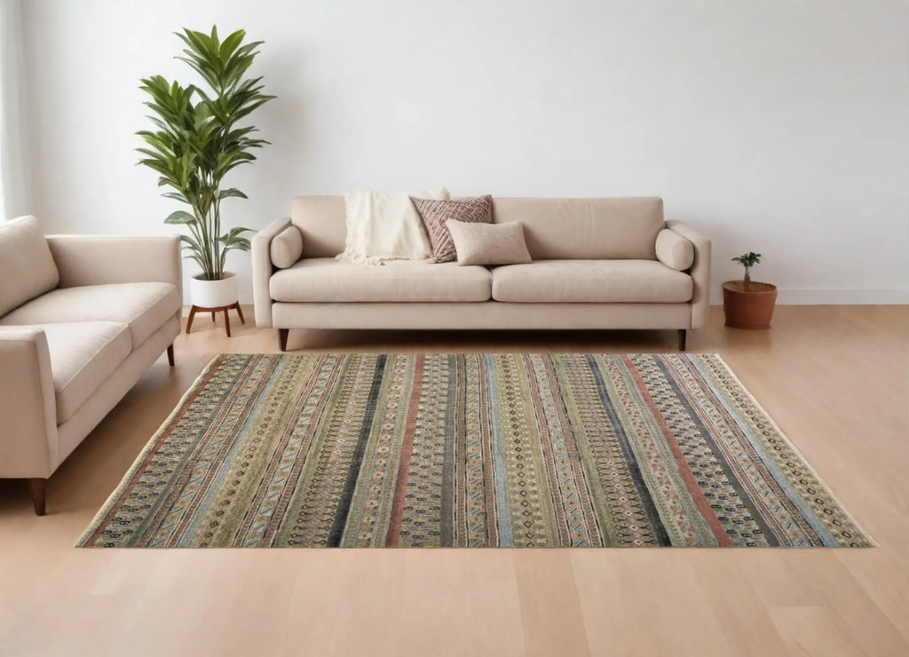 6′ X 9′ Tan Blue and Orange Striped Hand Knotted Area Rug