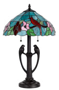 22″ Bronze Two Light Tiffany Table Lamp With Aqua and Red Floral Shade