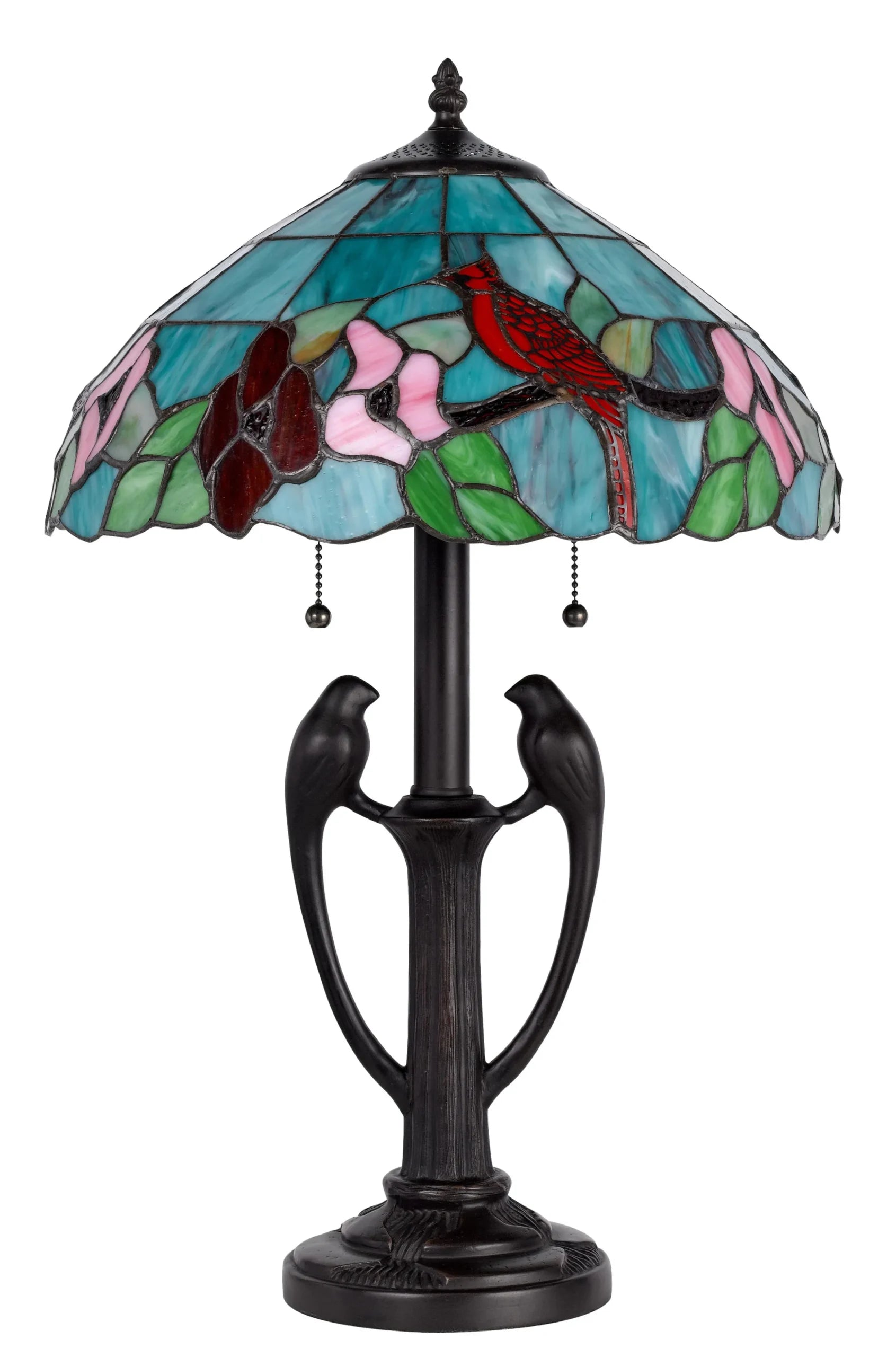 22″ Bronze Two Light Tiffany Table Lamp With Aqua and Red Floral Shade