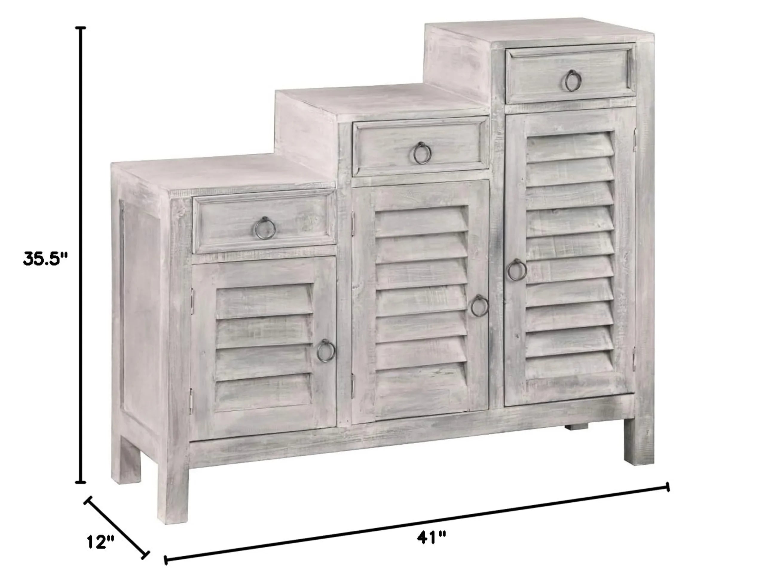 Sunset Trading Cottage Three Tiered Shutter Cabinet | Distressed Light Gray Solid Wood | Fully Assembled Accent Storage Shel…