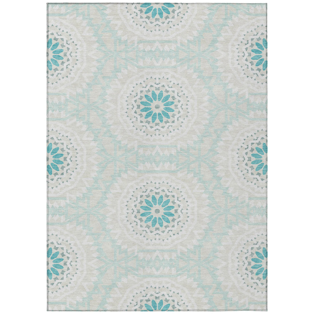10′ X 14′ Teal Blue Beige And Ivory Floral Medallion Washable Indoor Outdoor Area Rug — view 2