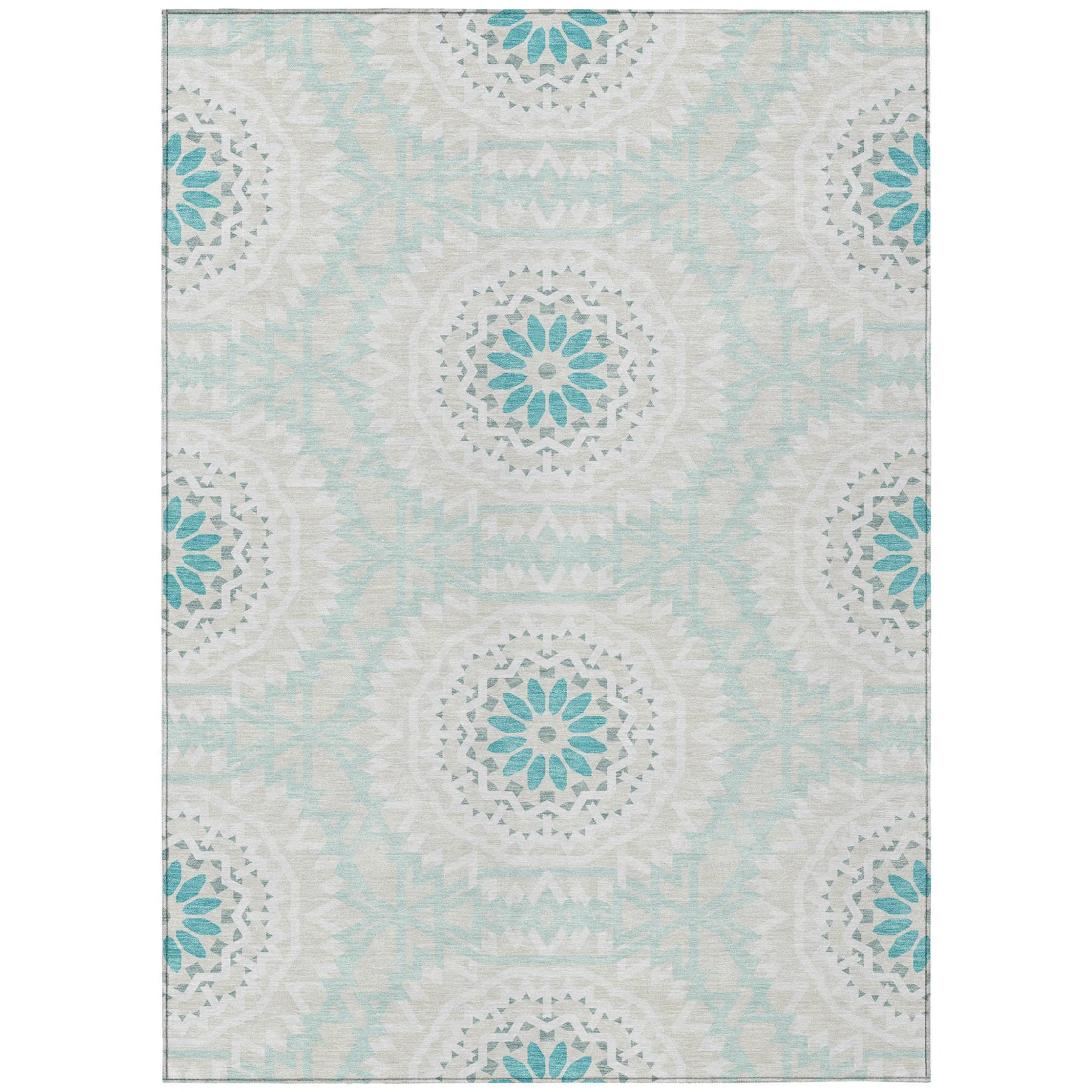 10′ X 14′ Teal Blue Beige And Ivory Floral Medallion Washable Indoor Outdoor Area Rug — view 2