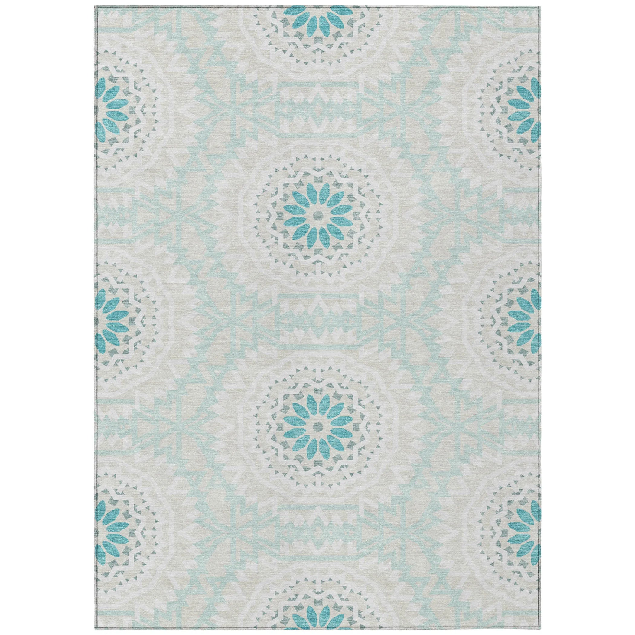 10′ X 14′ Teal Blue Beige And Ivory Floral Medallion Washable Indoor Outdoor Area Rug — view 2