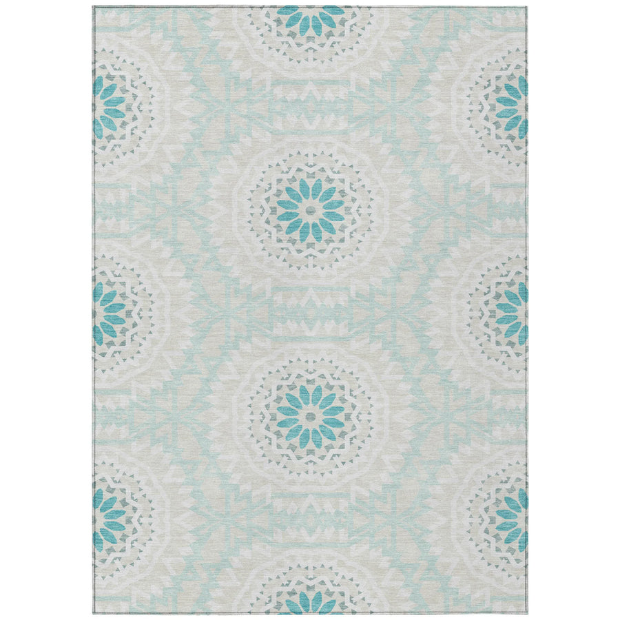10′ X 14′ Teal Blue Beige And Ivory Floral Medallion Washable Indoor Outdoor Area Rug — view 2