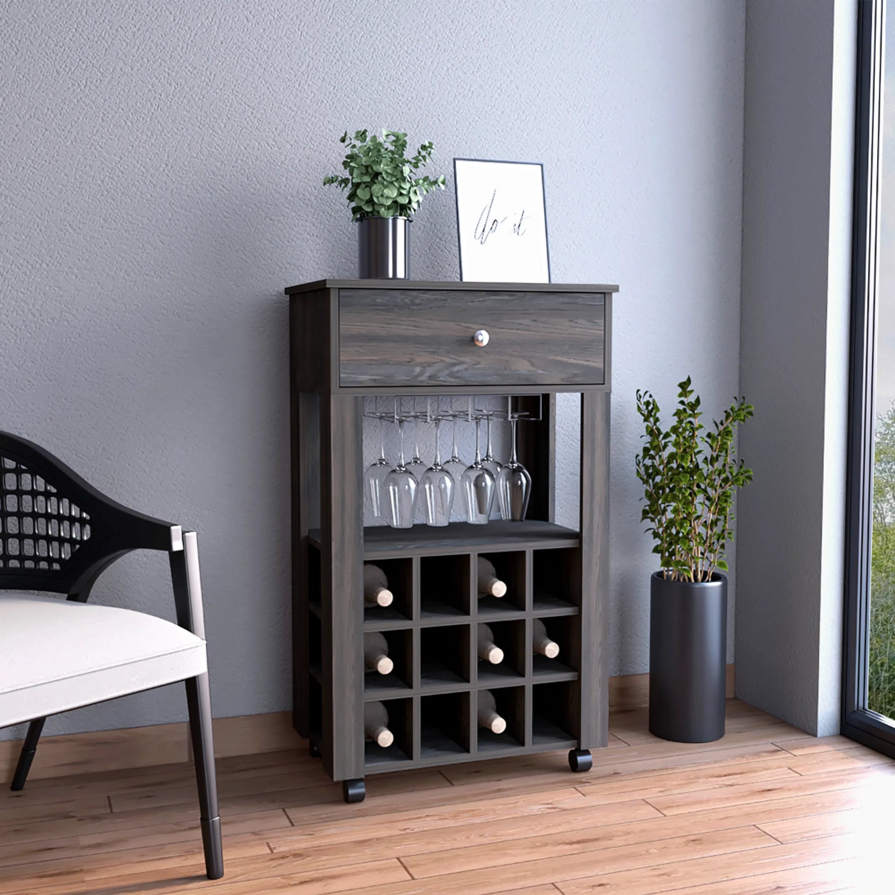Memphis Bar Cart, Twelve Wine Cubbies, Four Legs, One Open Shelf — view 4