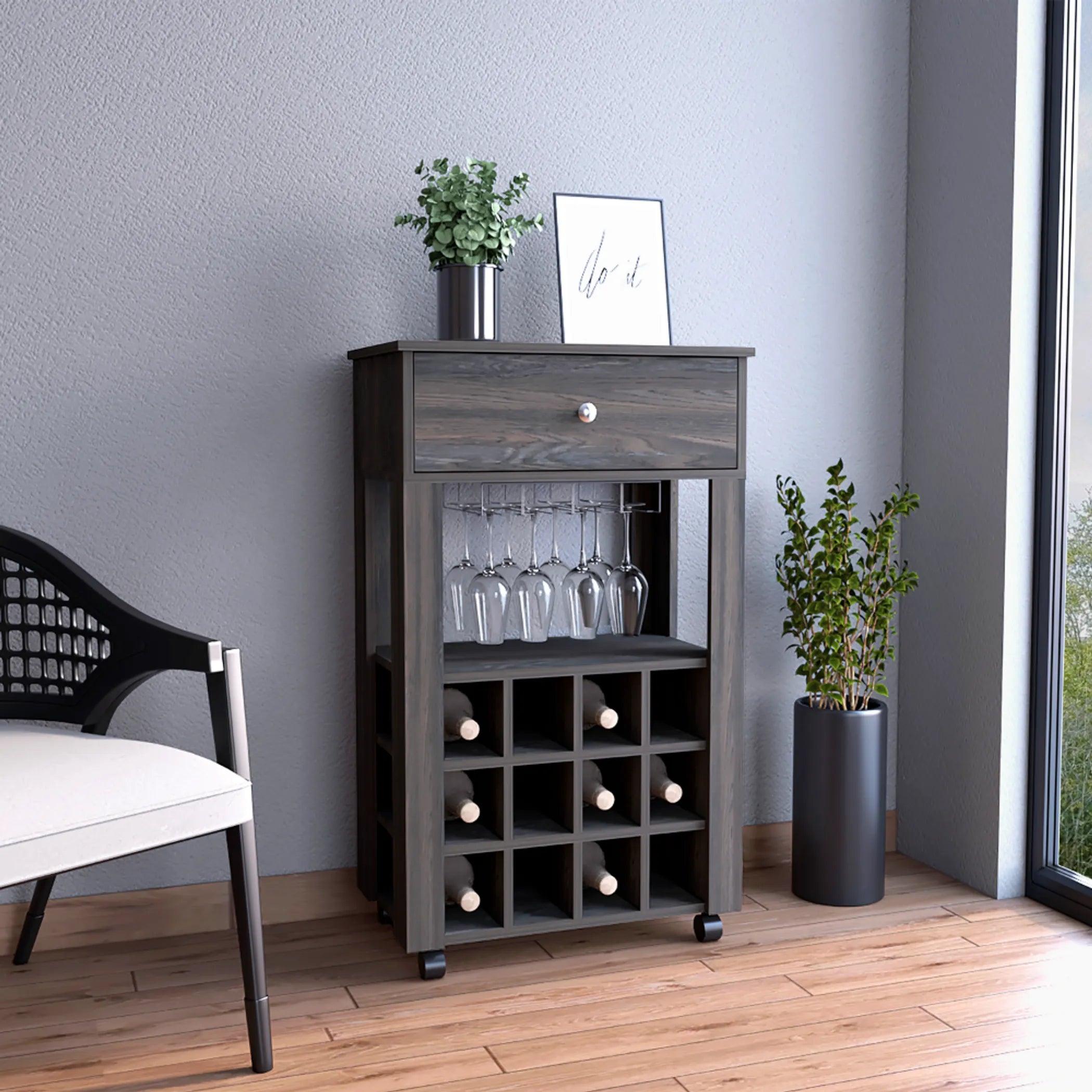 Memphis Bar Cart, Twelve Wine Cubbies, Four Legs, One Open Shelf — view 4