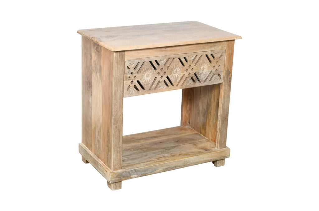 28″ Natural Solid Wood Carved Geometric One Drawer Nightstand — view 2