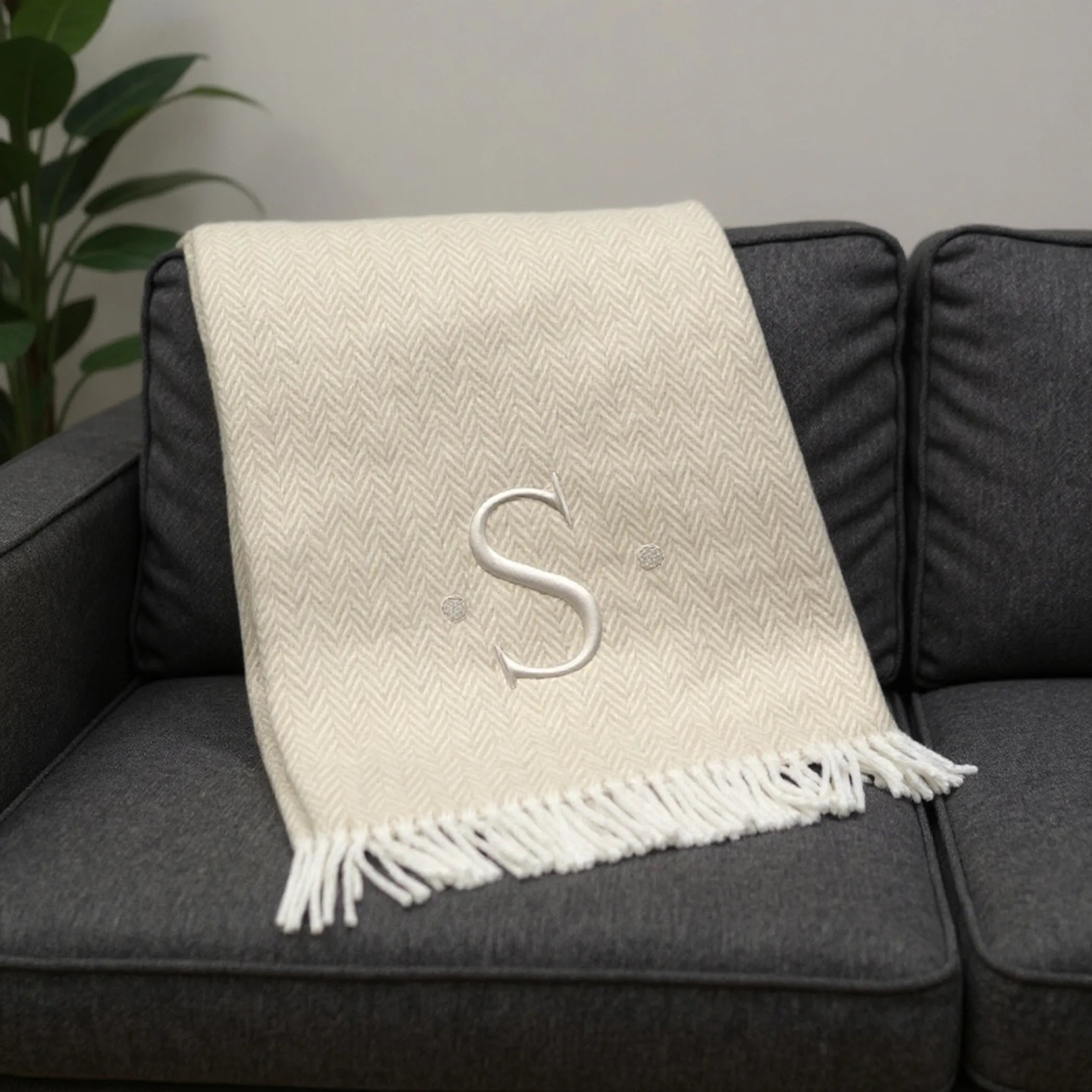 Herringbone Cotton Blend S Initial Throw Blanket with Tassels And Embroidery — view 2