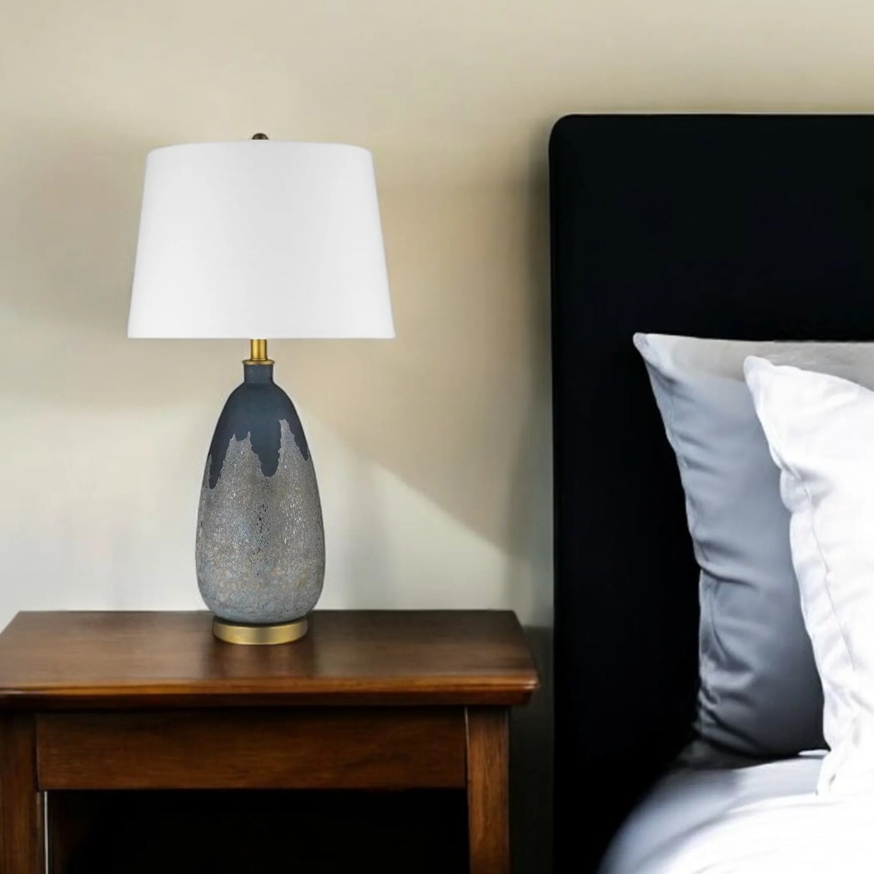 30″ Teal Blue Concrete Table Lamp With Cream Empire Shade