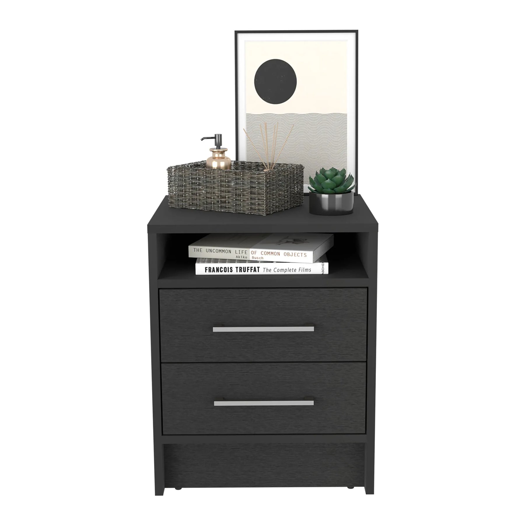 20″ Black Two Drawer Faux Wood Nightstand — view 3