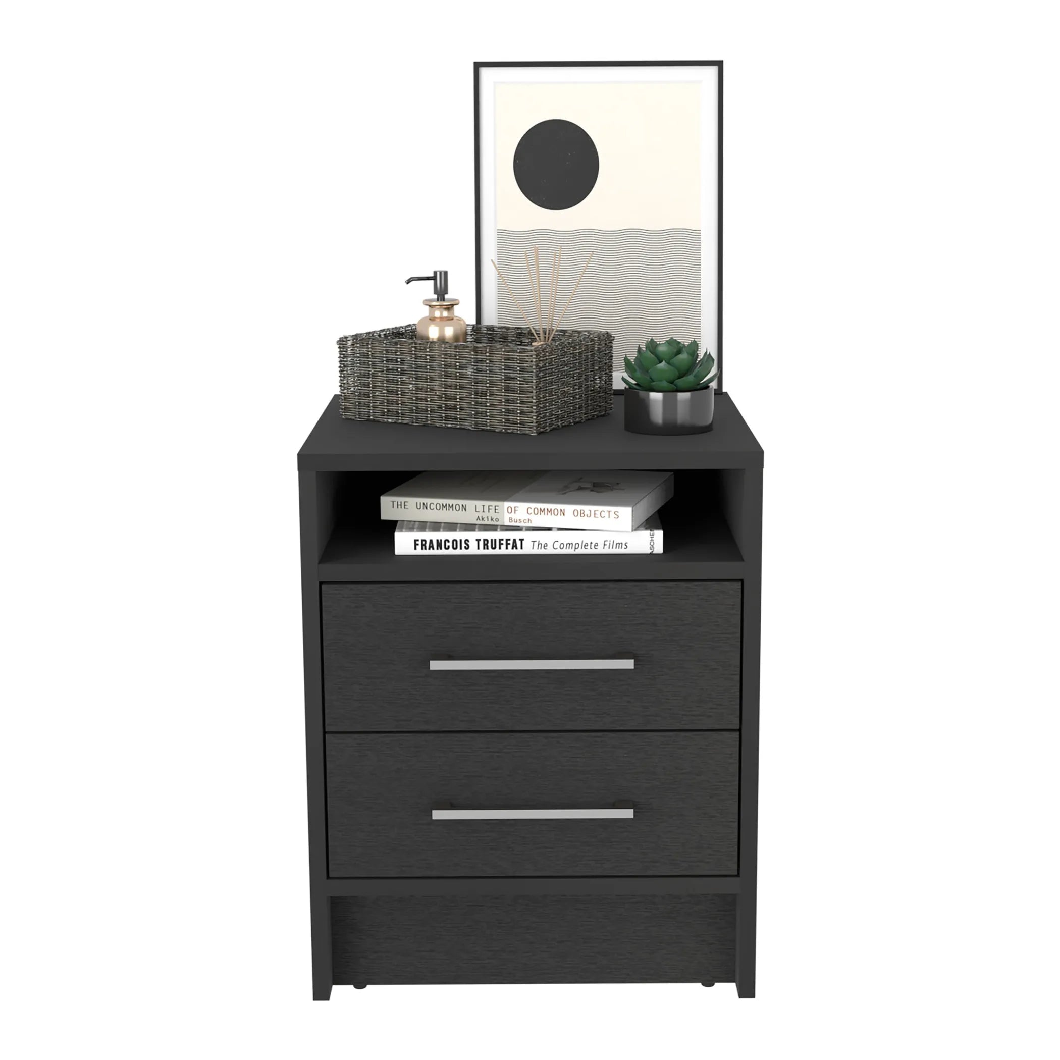 20″ Black Two Drawer Faux Wood Nightstand — view 3