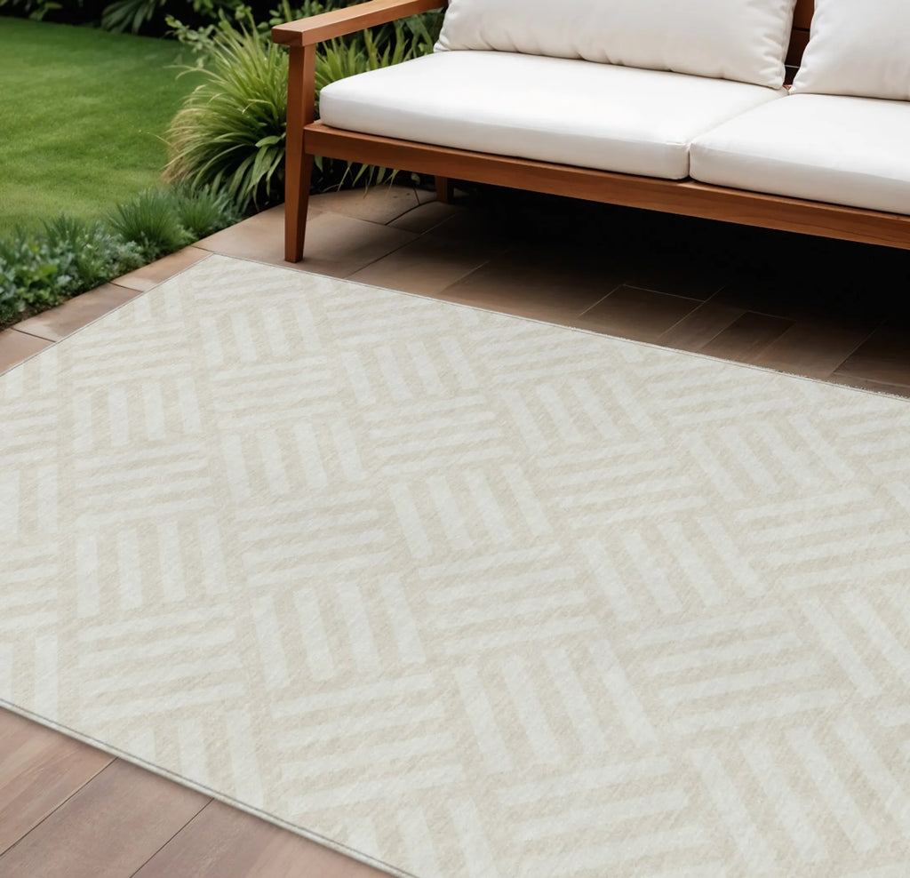 10′ X 14′ Ivory And Beige Geometric Washable Indoor Outdoor Area Rug