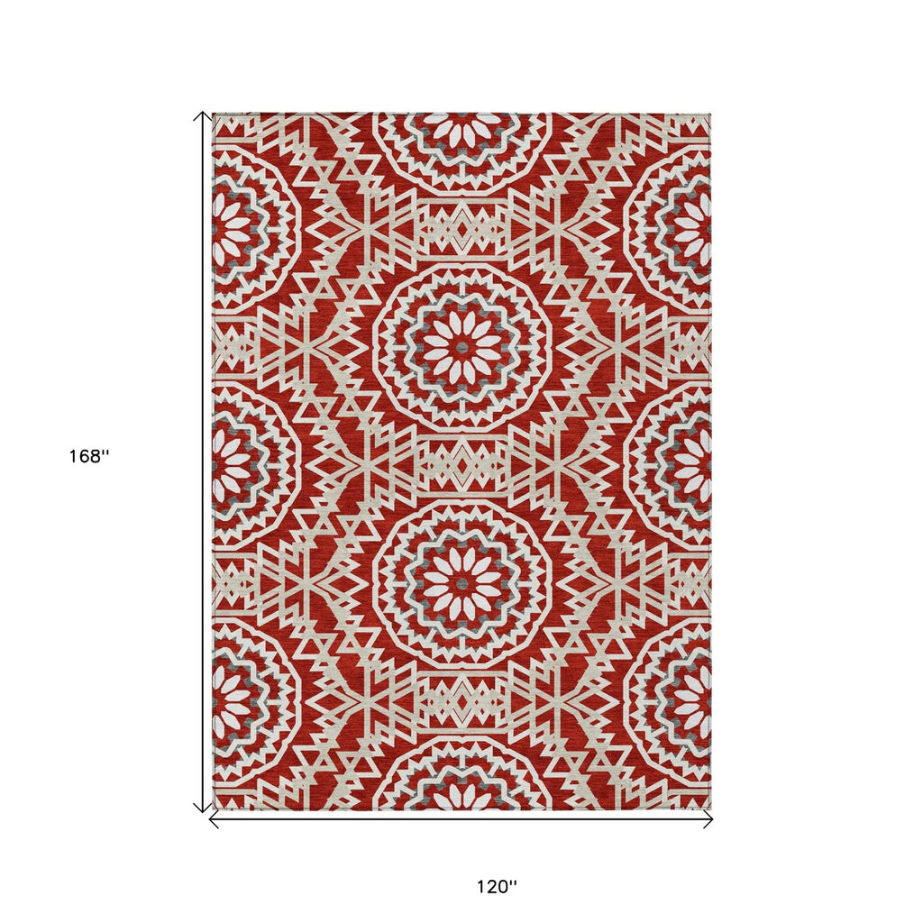 10′ X 14′ Red Beige And Ivory Floral Medallion Washable Indoor Outdoor Area Rug — view 3