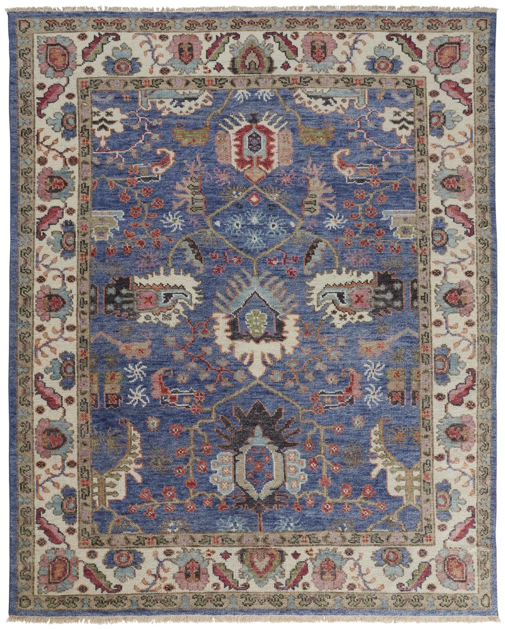 4′ X 6′ Blue And Red Wool Floral Hand Knotted Stain Resistant Area Rug