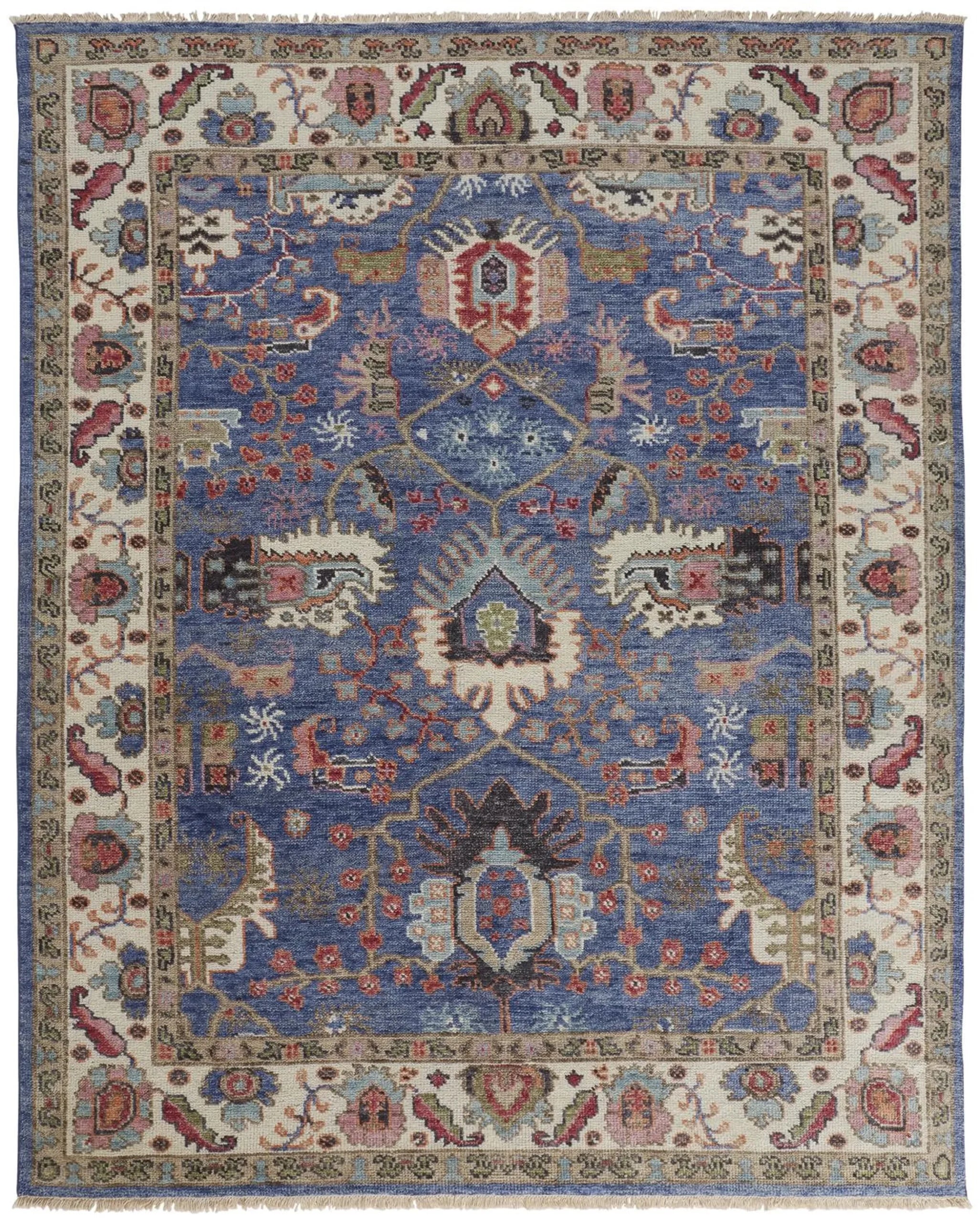 4′ X 6′ Blue And Red Wool Floral Hand Knotted Stain Resistant Area Rug