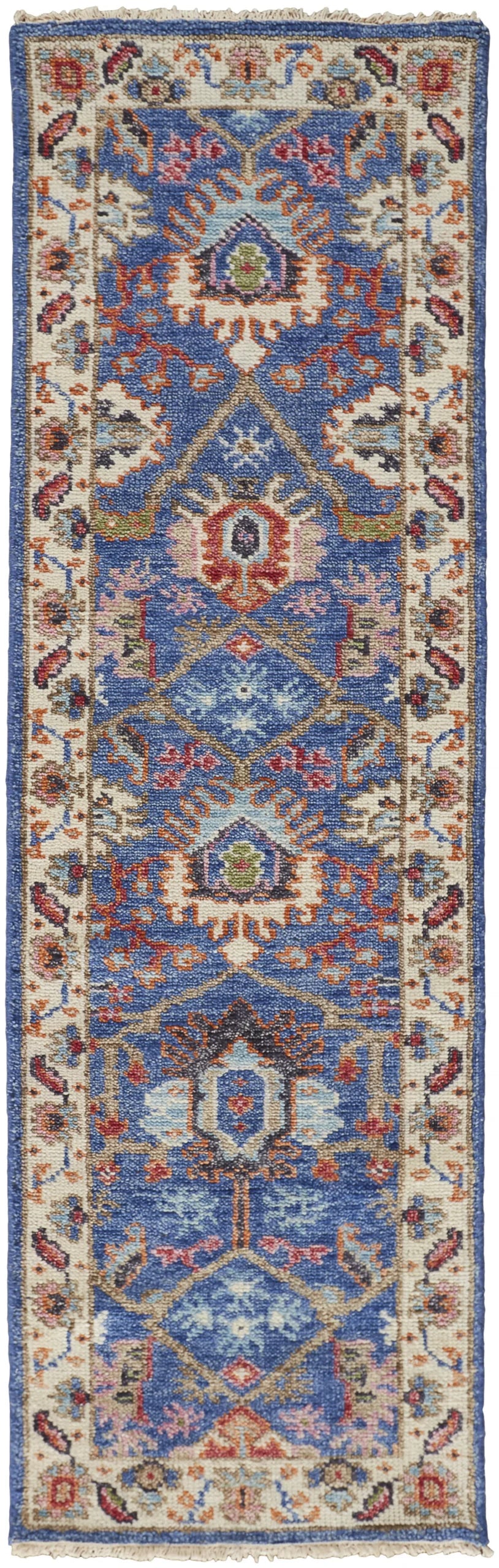 8′ Blue and Beige Wool Floral Hand Knotted Runner Rug With Fringe — view 2