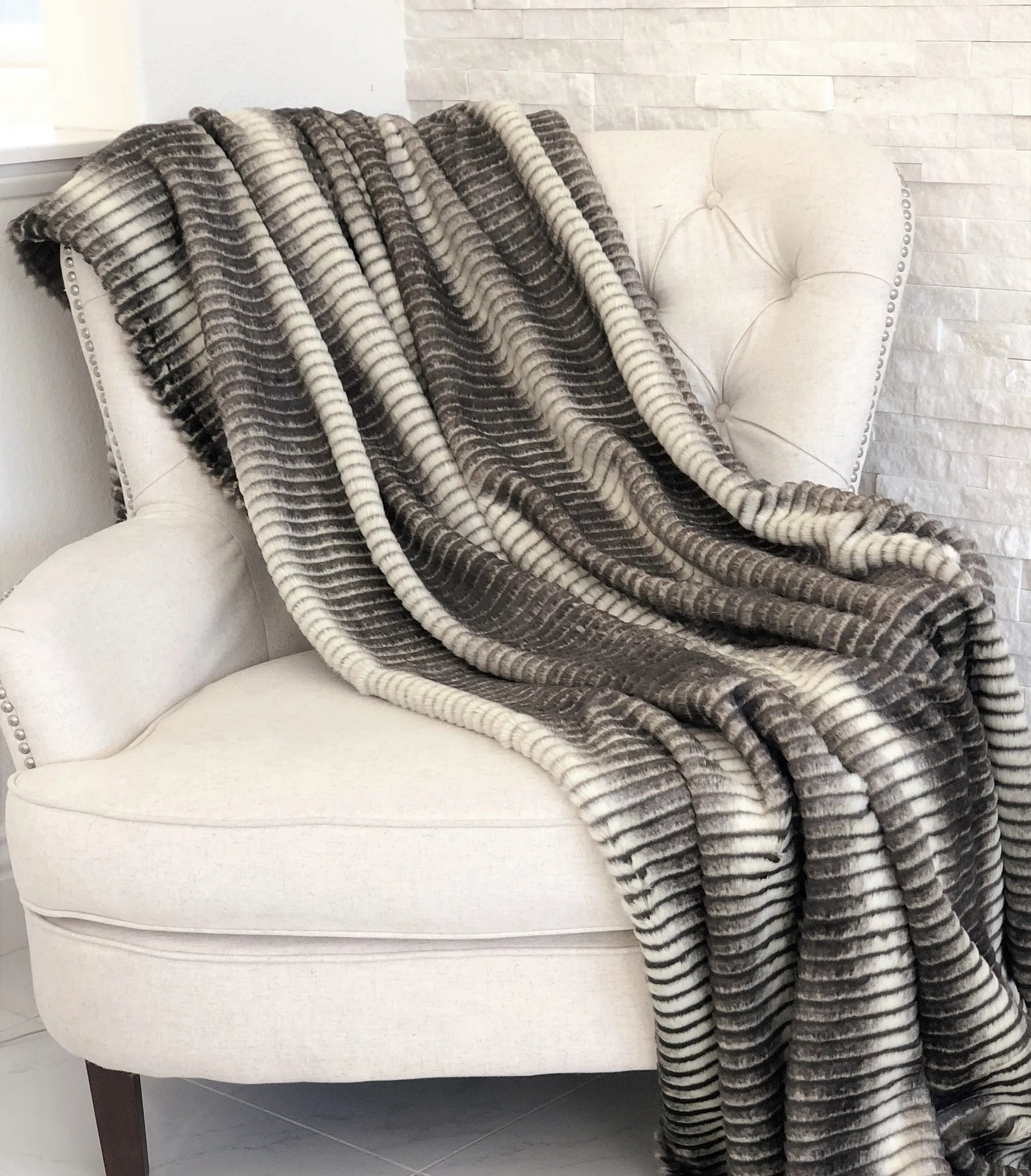 Plutus Gray and Taupe Faux Fur Luxury Throw — view 2