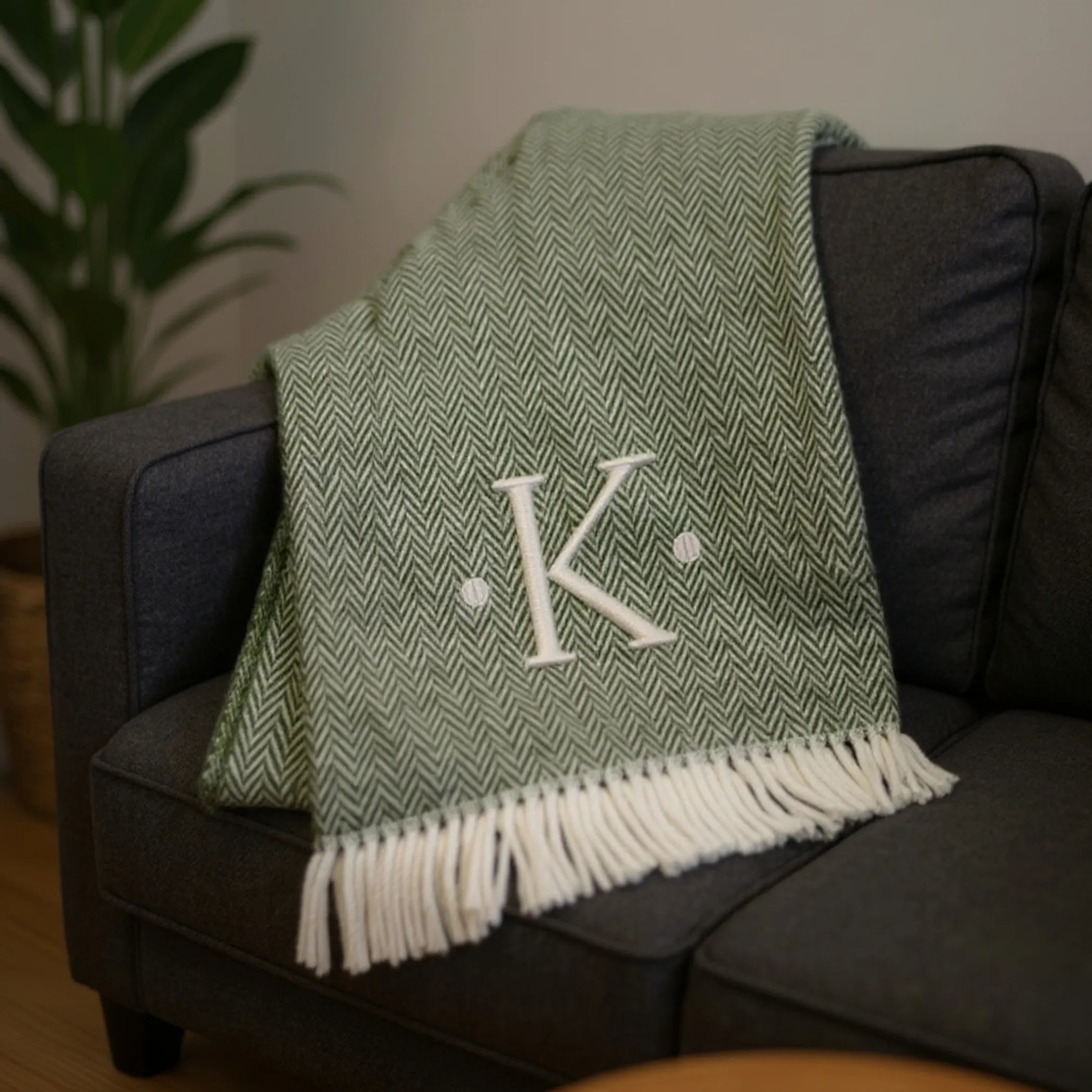 Herringbone Cotton Blend K Initial Throw Blanket with Tassels And Embroidery — view 2