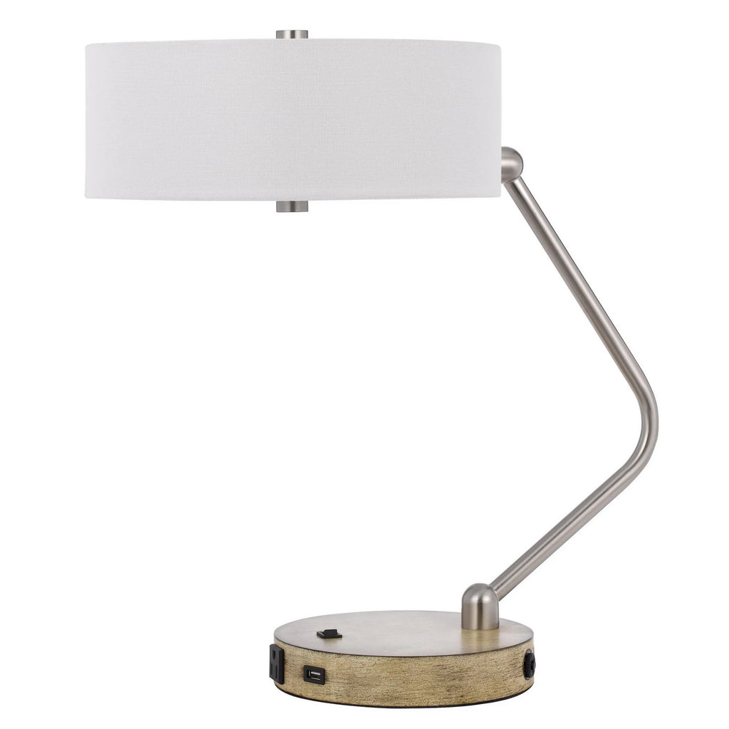 20″ Brown Metal Two Light Lantern Desk USB Table Lamp With White Drum Shade — view 2