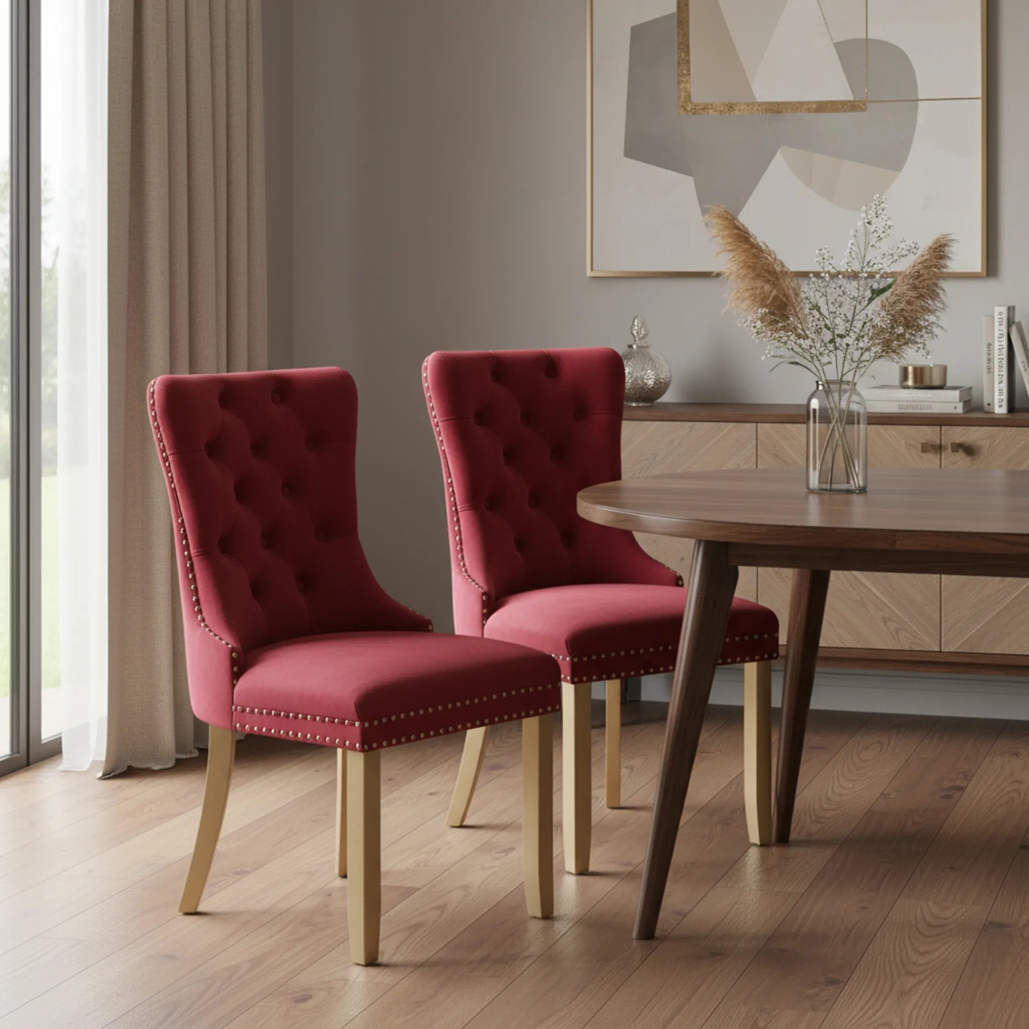 Set of Two Tufted Velvet And Solid Wood Dining Side Chairs — view 2