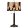 24″ Bronze Metal Two Light Table Lamp With Red And Ivory Drum Shade