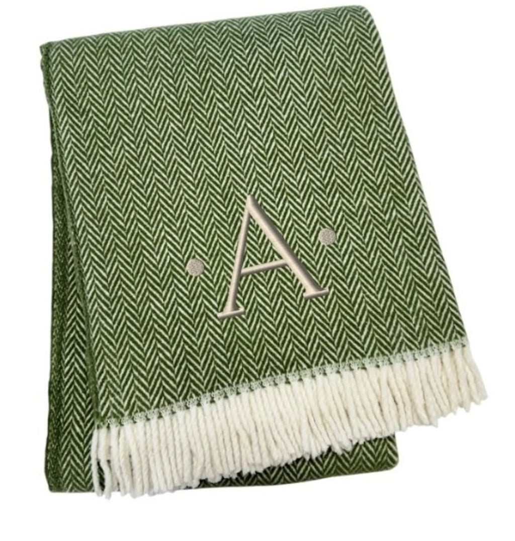Herringbone Cotton Blend A Initial Throw Blanket with Tassels And Embroidery — view 3