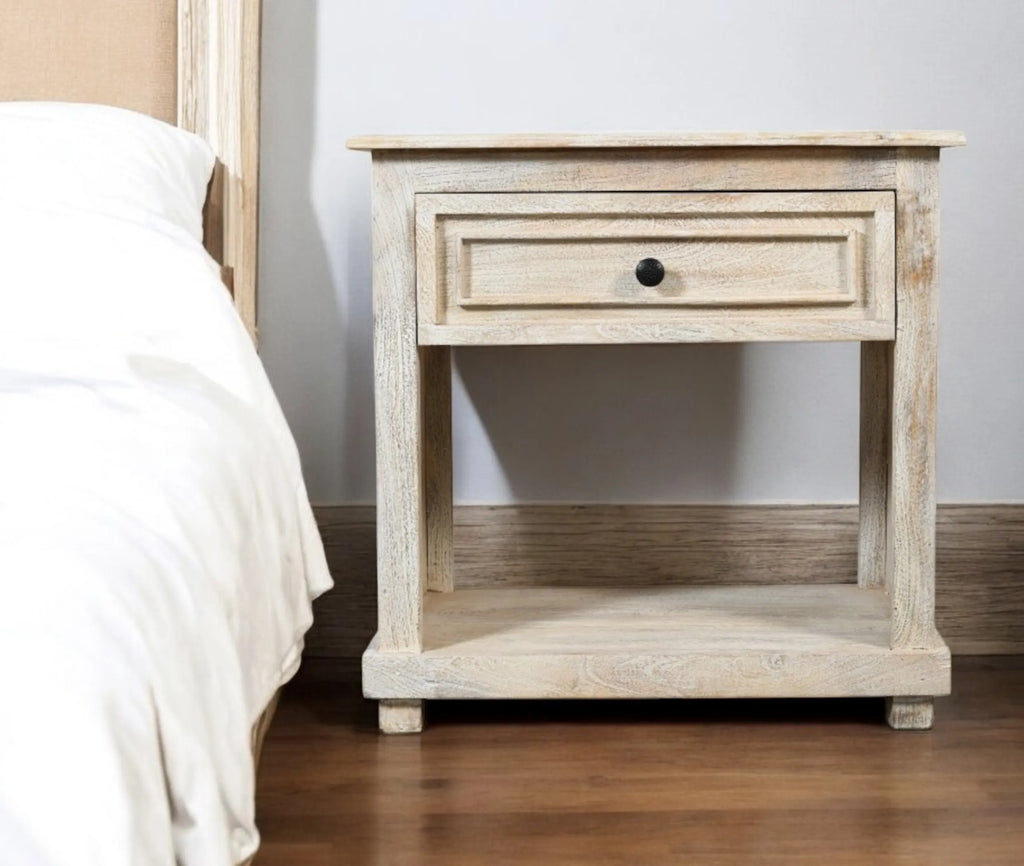 28″ Distressed White One Drawer Solid Wood Nightstand