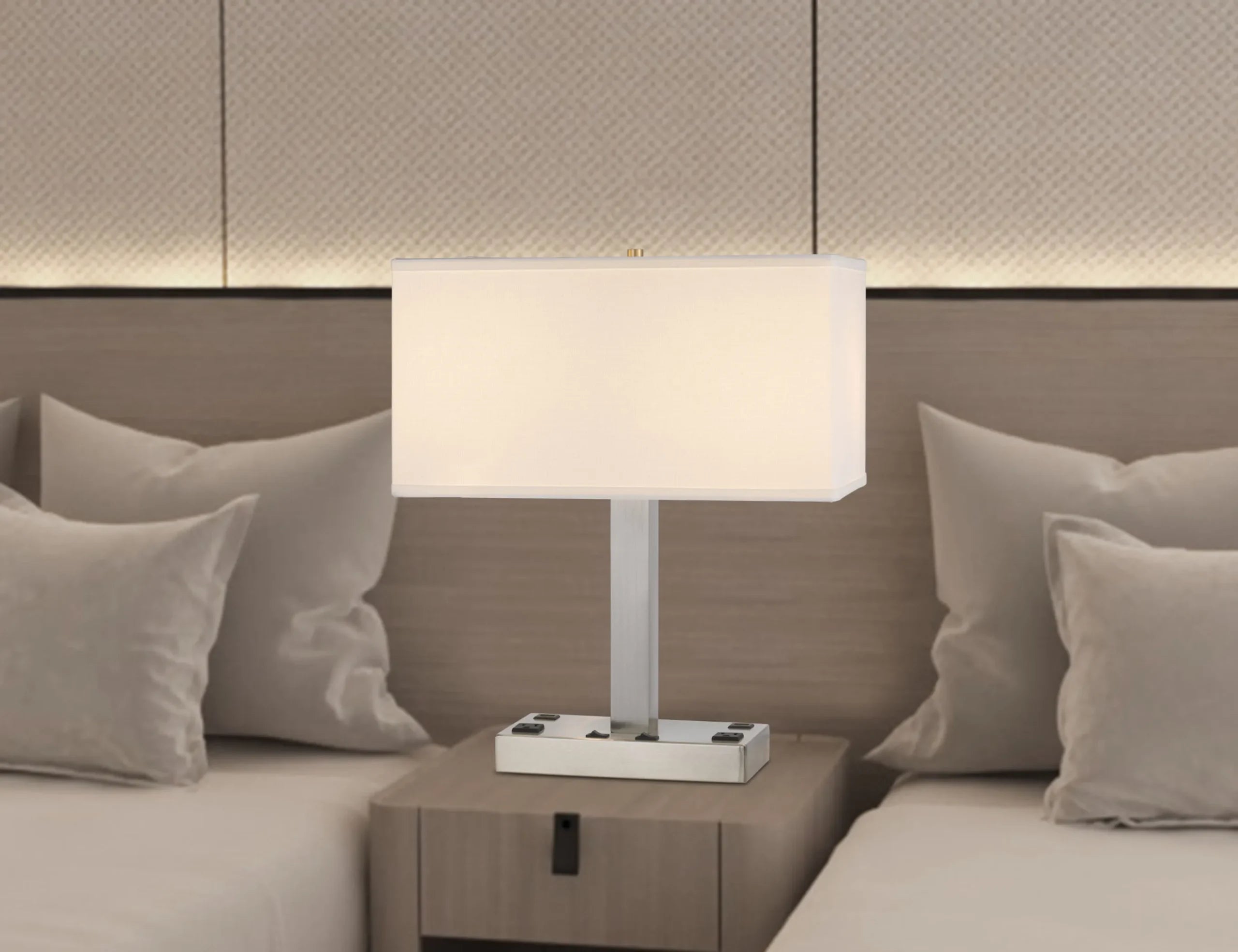 21″ Nickel Metal Two Light Desk USB Table Lamp With White Shade — view 3