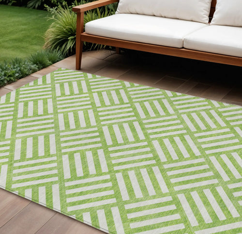10′ X 14′ Lime Green And Ivory Geometric Washable Indoor Outdoor Area Rug