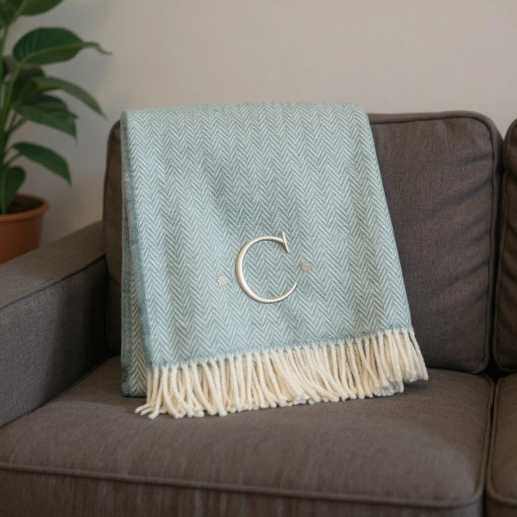 Herringbone Cotton Blend C Initial Throw Blanket with Tassels And Embroidery — view 2
