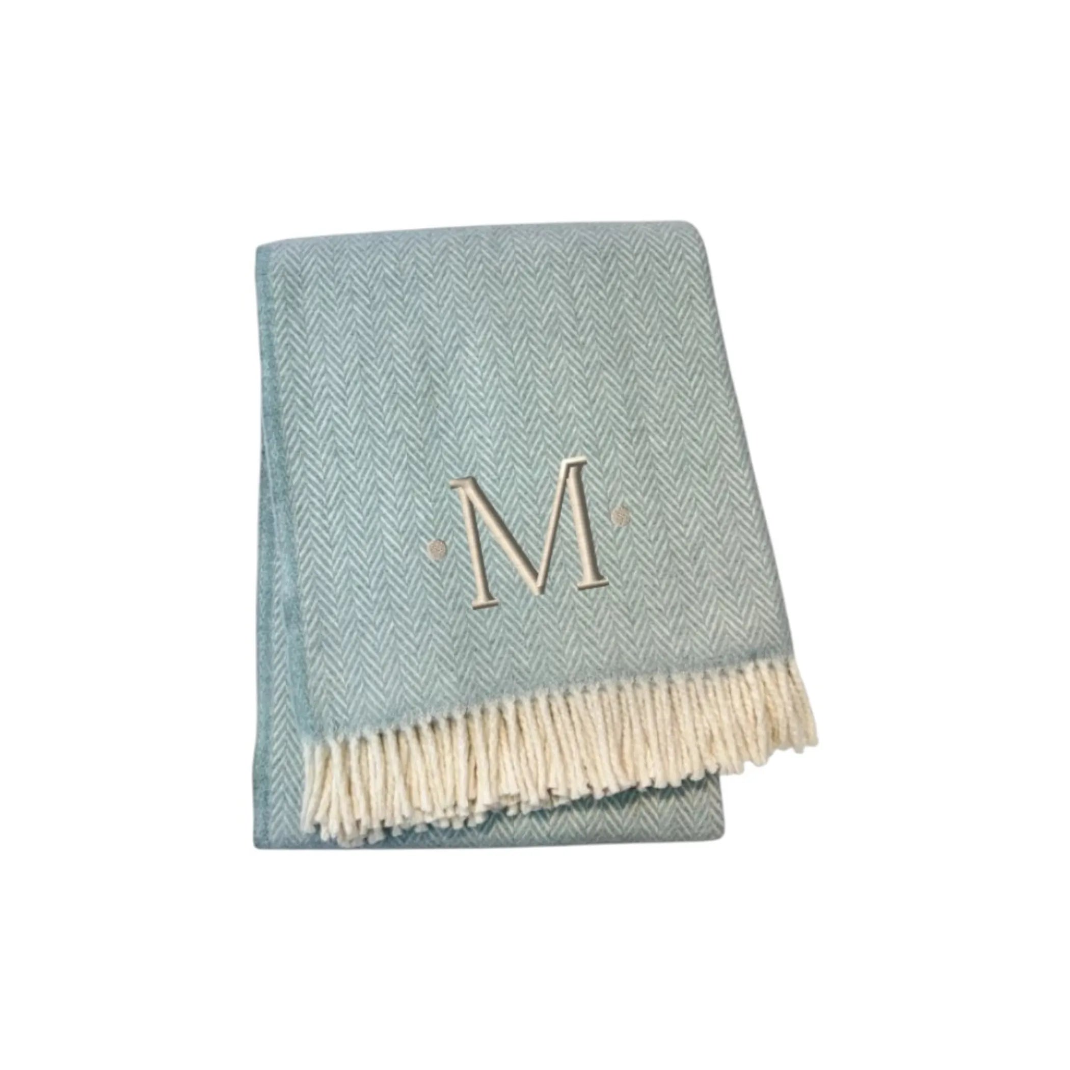 Herringbone Cotton Blend M Initial Throw Blanket with Tassels And Embroidery