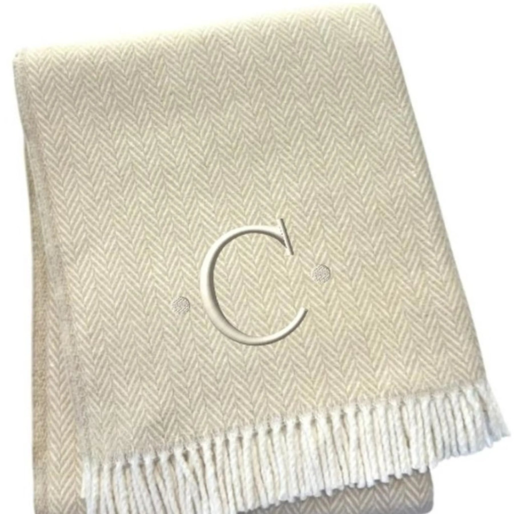 Herringbone Cotton Blend C Initial Throw Blanket with Tassels And Embroidery — view 4