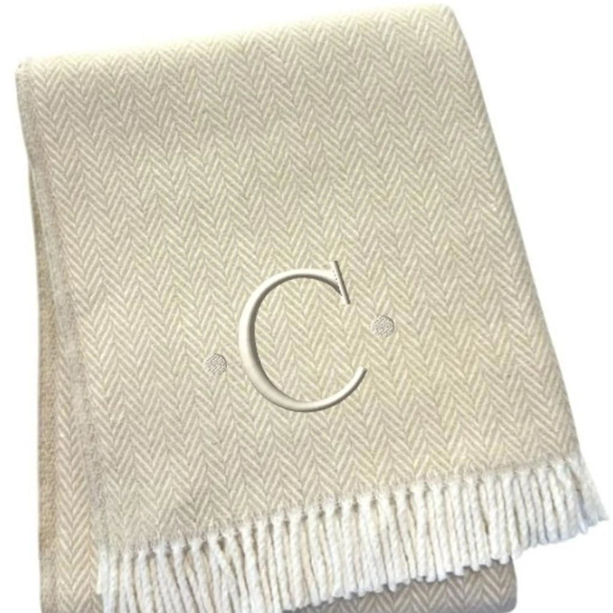 Herringbone Cotton Blend C Initial Throw Blanket with Tassels And Embroidery — view 4