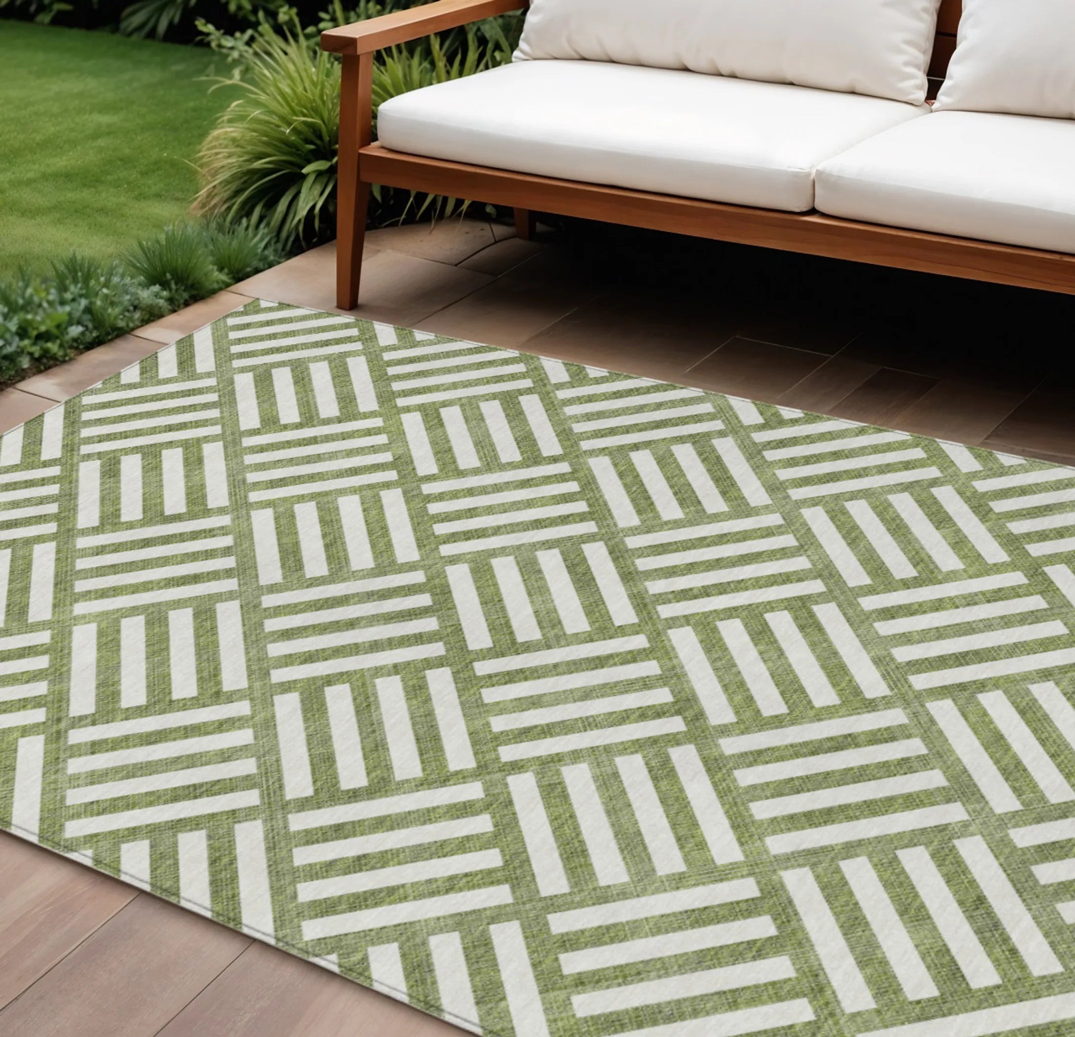 10′ X 14′ Olive Green And Ivory Geometric Washable Indoor Outdoor Area Rug