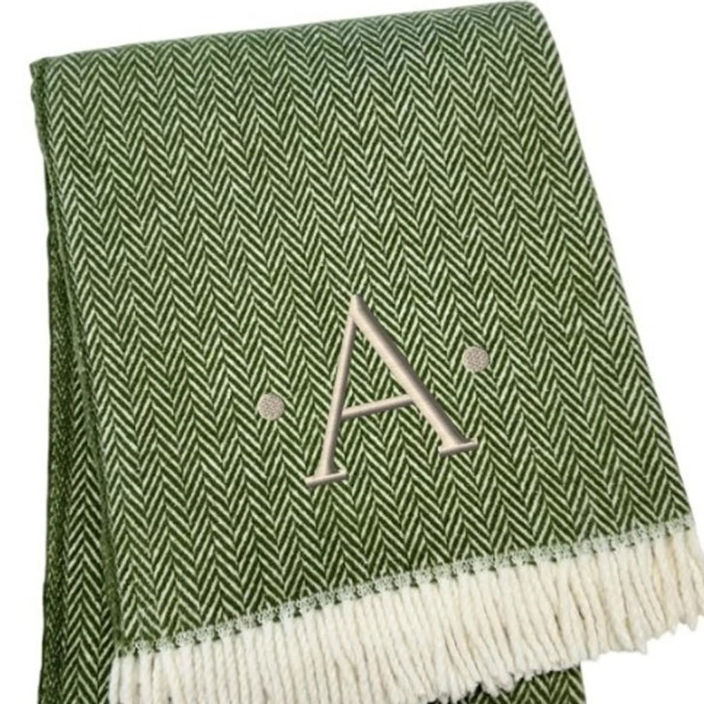 Herringbone Cotton Blend A Initial Throw Blanket with Tassels And Embroidery — view 4