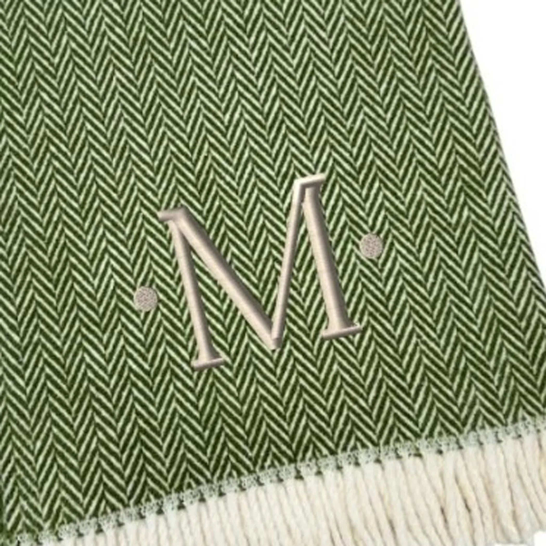 Herringbone Cotton Blend M Initial Throw Blanket with Tassels And Embroidery — view 4