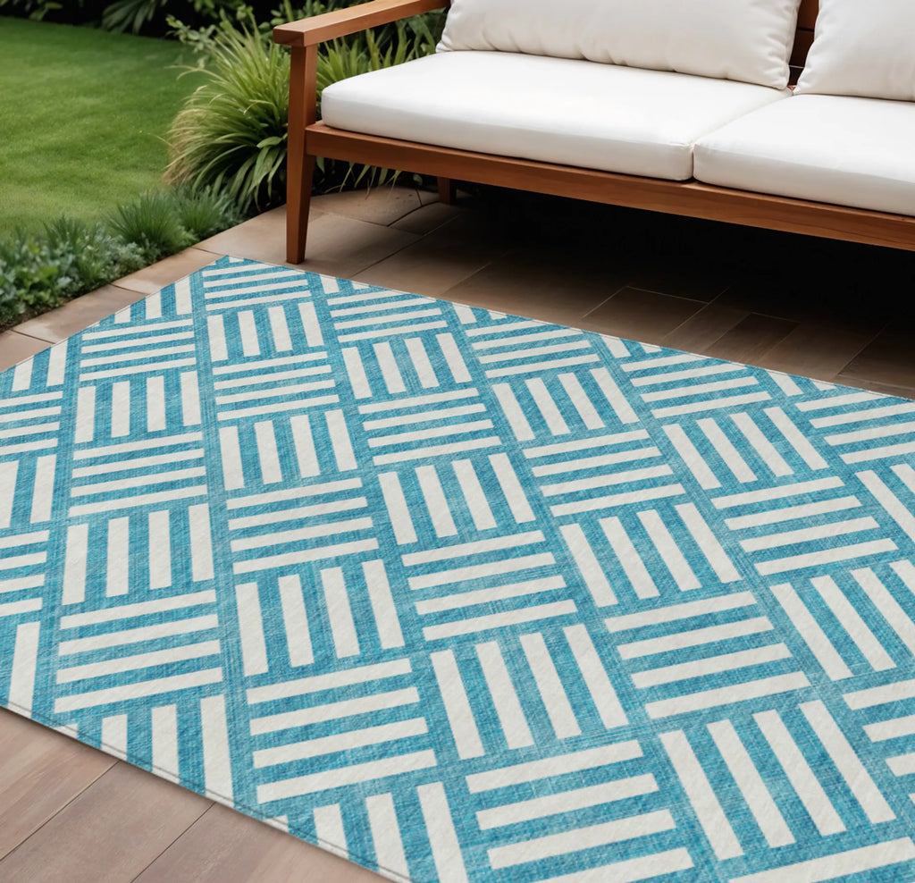 10′ X 14′ Teal Blue And Ivory Geometric Washable Indoor Outdoor Area Rug