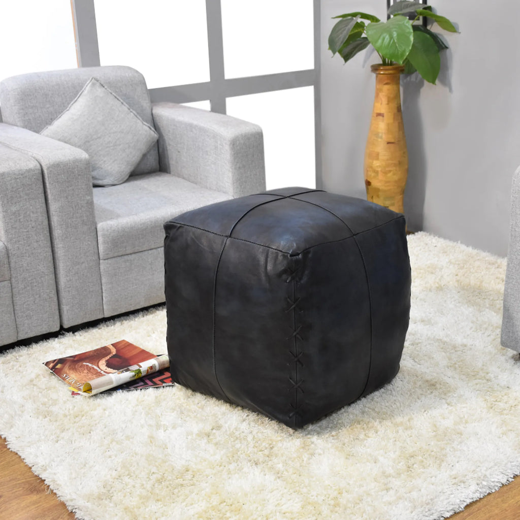 Solid Handmade Goat Leather Square Pouf (Recycled Cotton Fill)
