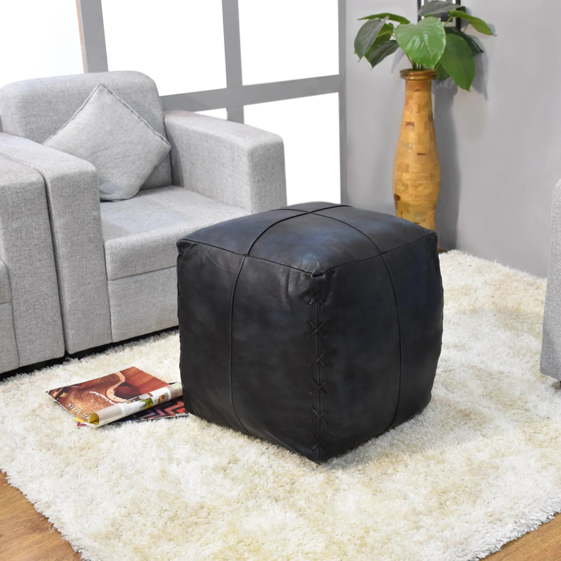 Solid Handmade Goat Leather Square Pouf (Recycled Cotton Fill)