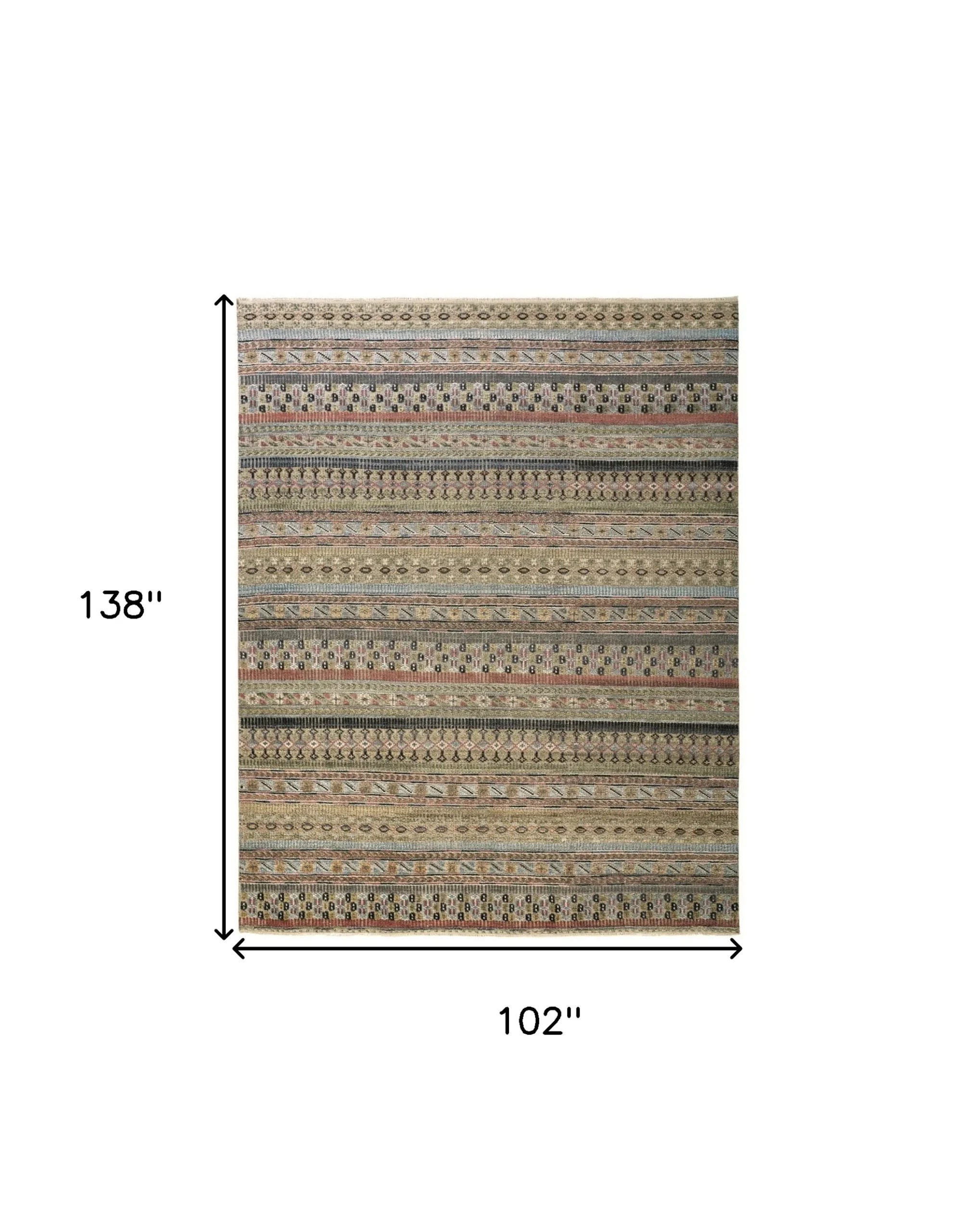 8′ X 12′ Tan Blue and Orange Striped Hand Knotted Area Rug — view 3