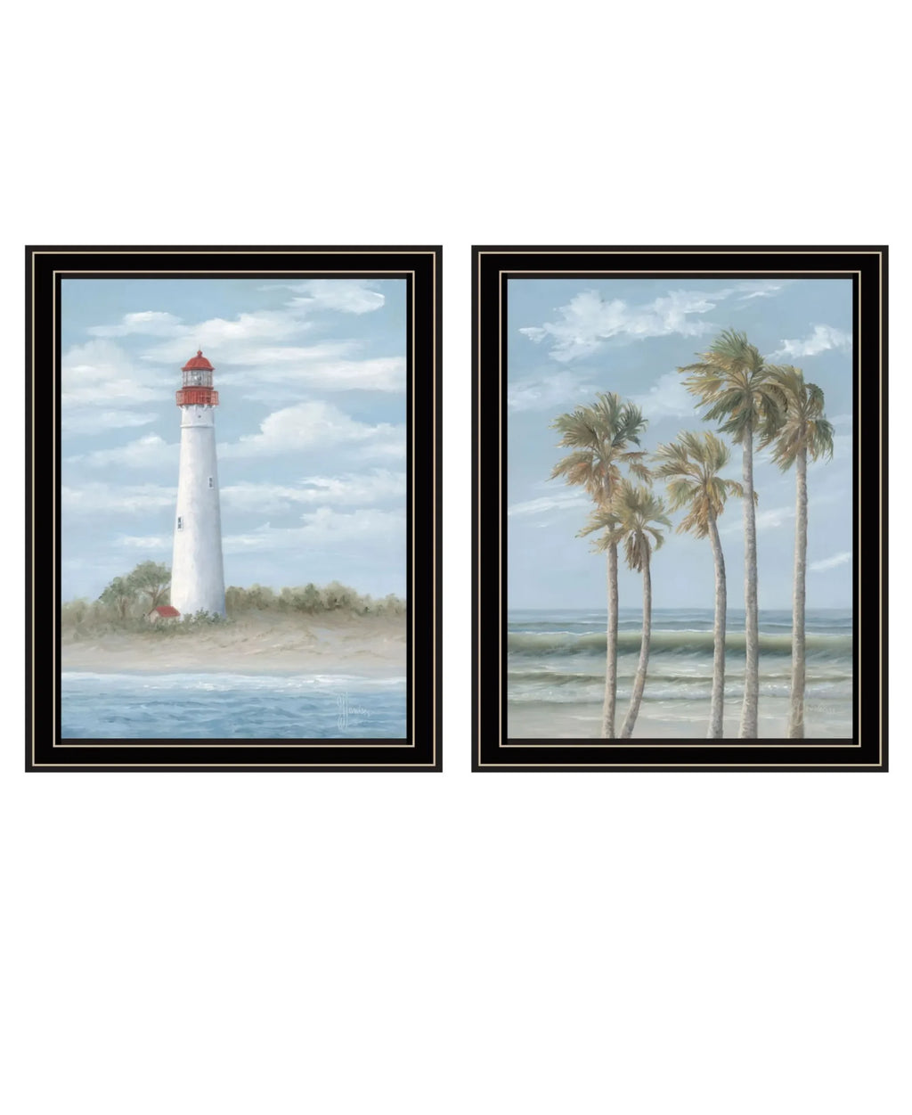 Set Of Two Cape May Lighthouse And Palm Trees Black Framed Wall Art — view 2
