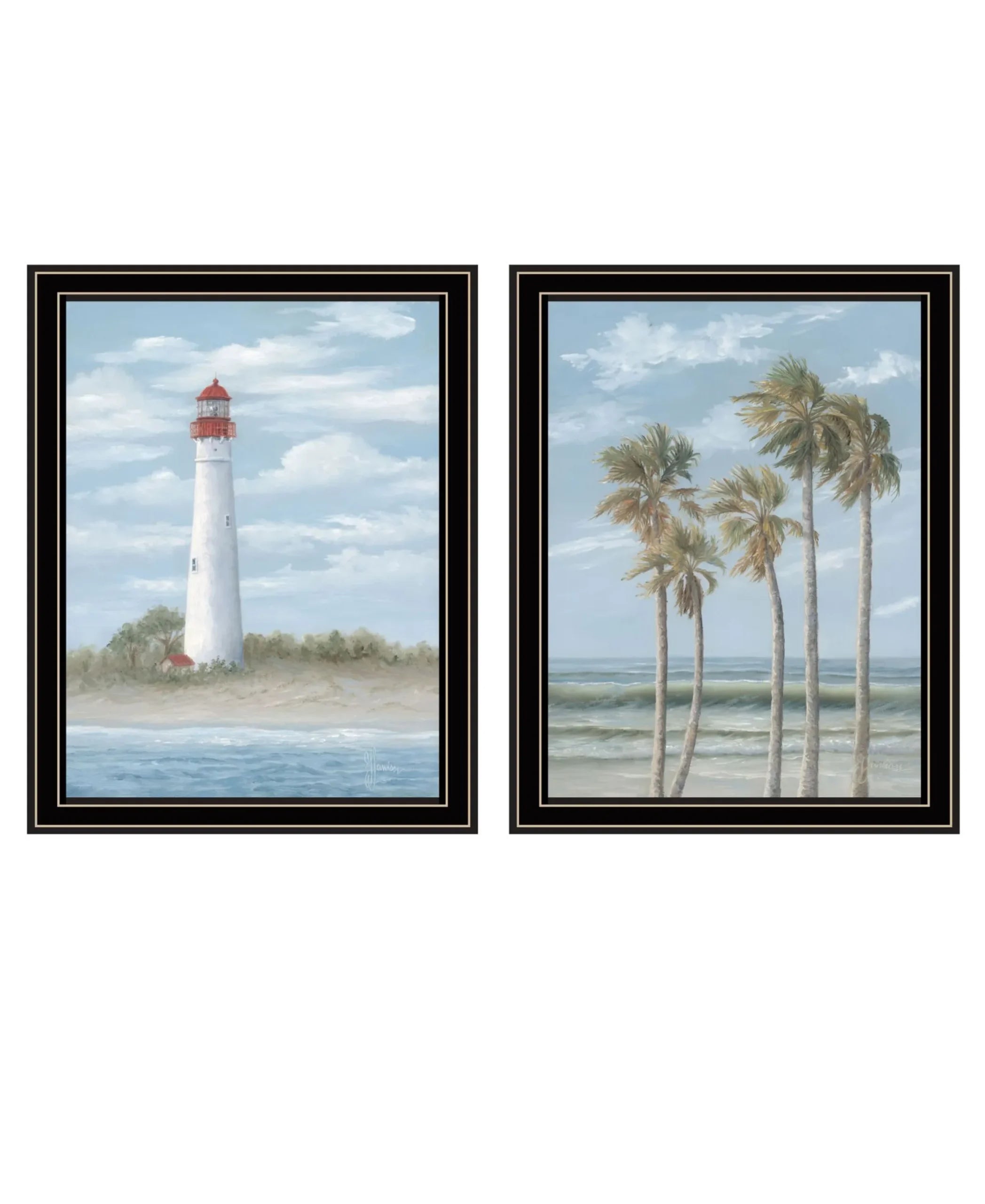 Set Of Two Cape May Lighthouse And Palm Trees Black Framed Wall Art — view 2