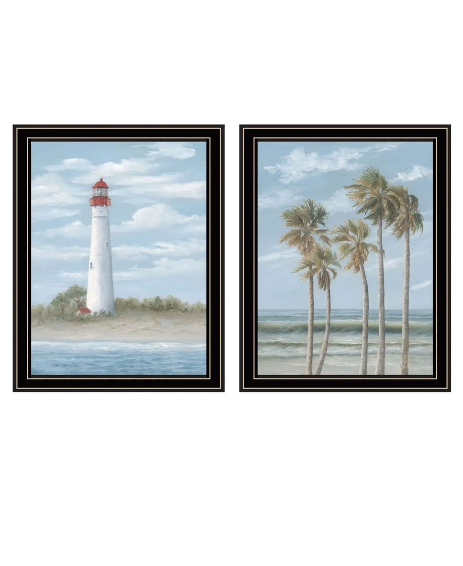 Set Of Two Cape May Lighthouse And Palm Trees Black Framed Wall Art — view 2