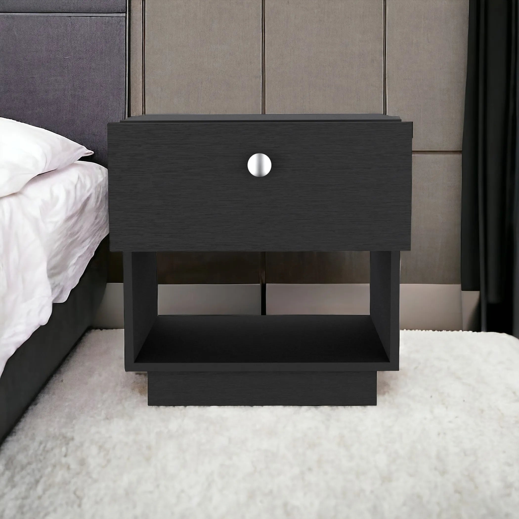 20″ Black One Drawer Faux Wood Nightstand — view 2