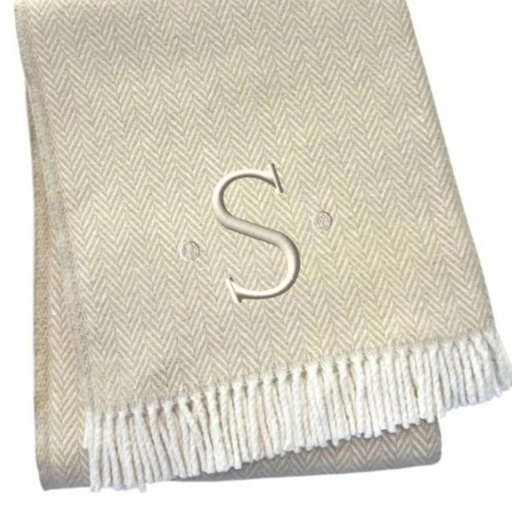 Herringbone Cotton Blend S Initial Throw Blanket with Tassels And Embroidery — view 4