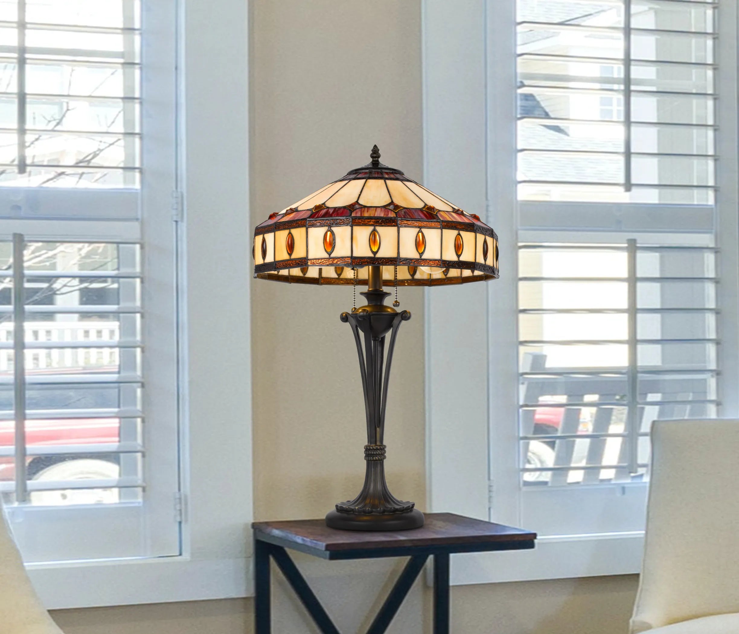 26″ Black Metal Two Light Candlestick Table Lamp With Ivory and Red Dome Shade — view 4