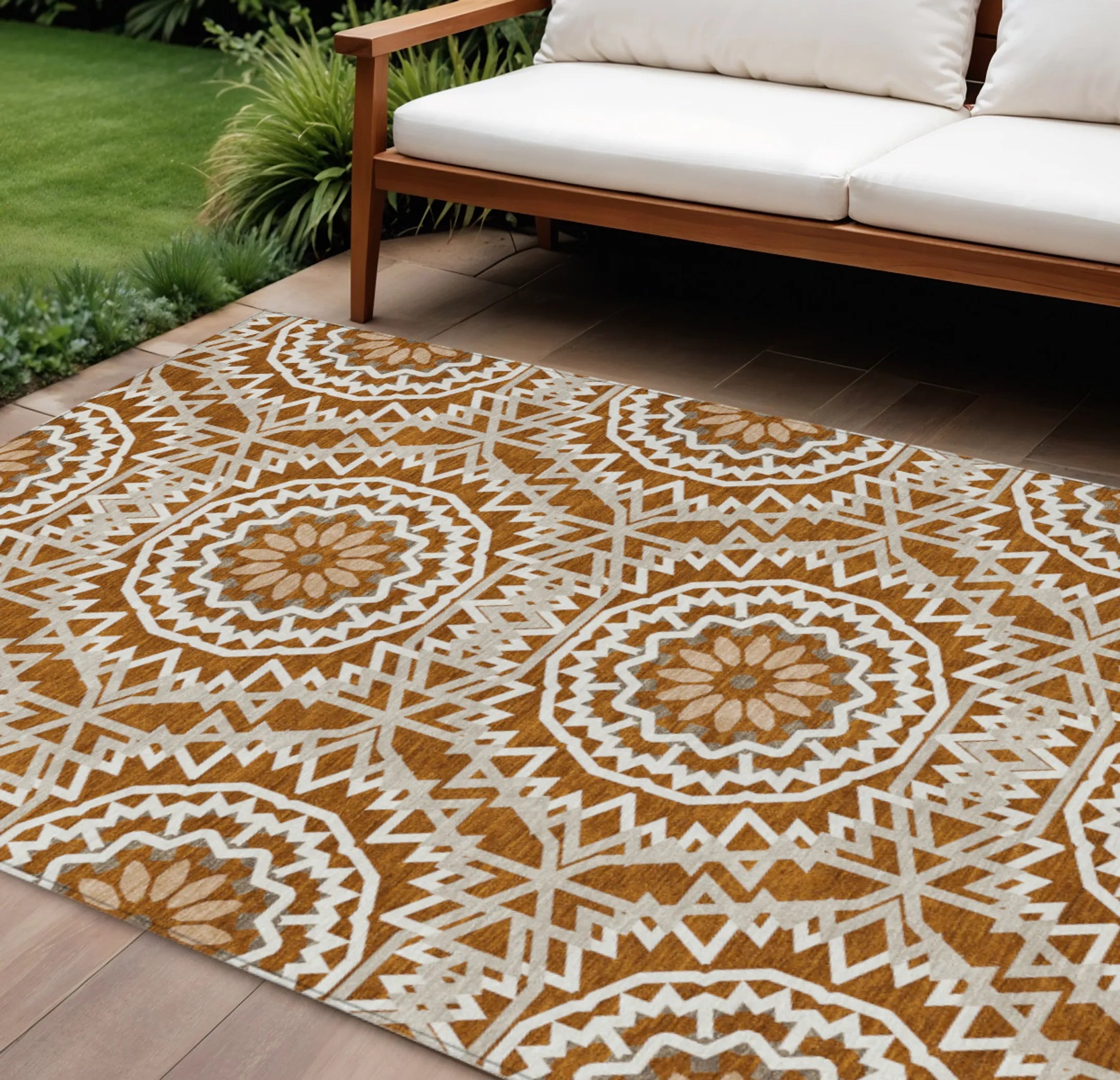 10′ X 14′ Orange Copper And Beige Floral Medallion Washable Indoor Outdoor Area Rug