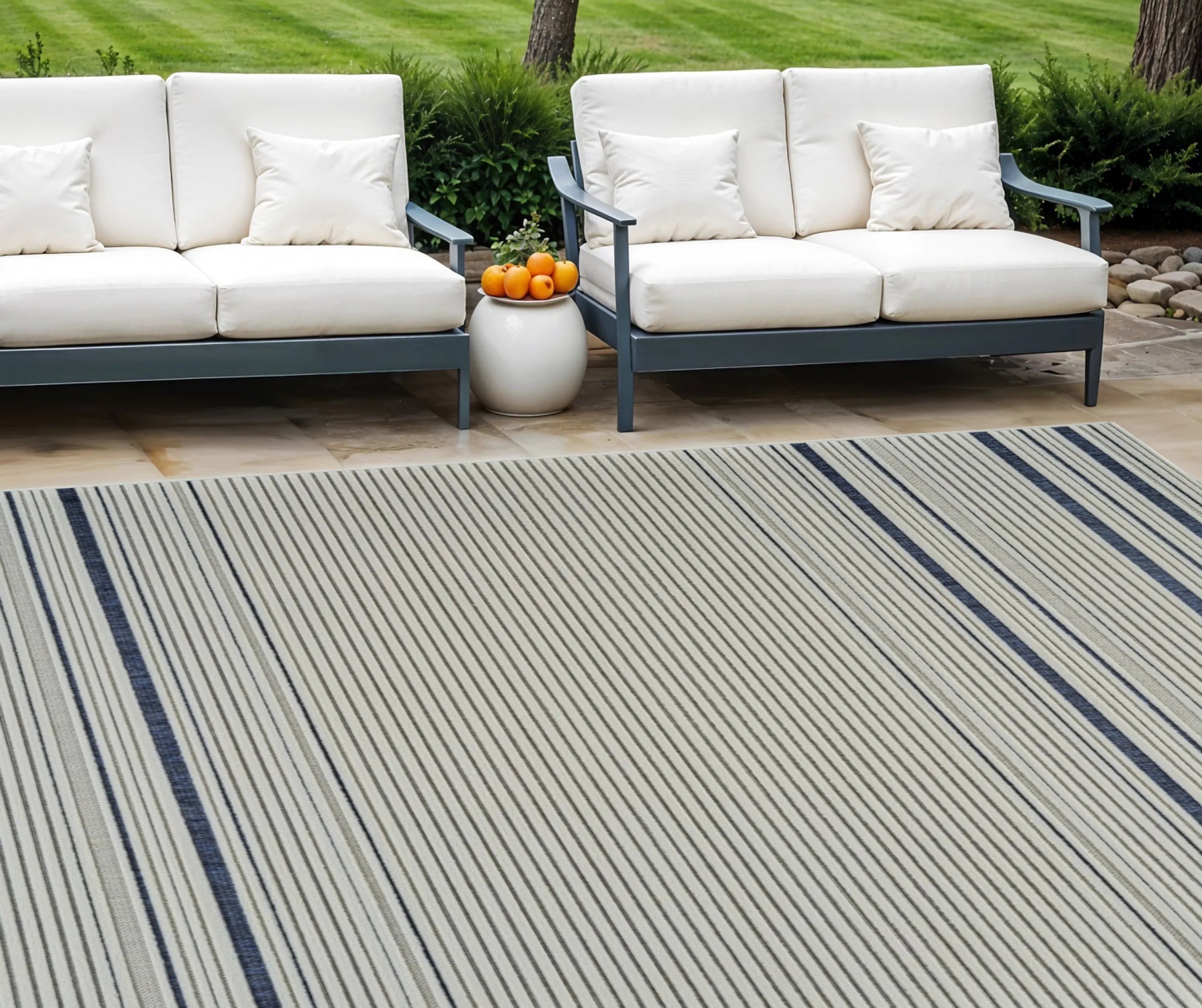 6′ X 9′ Blue and Cream Striped Distressed Indoor Outdoor Area Rug