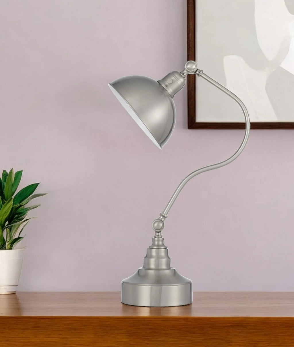 25″ Nickel Metal Lantern Desk Table Lamp With Nickel Dome Shade